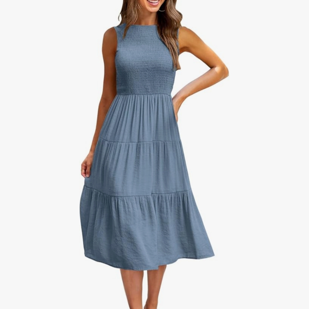 Blue Tiered Midi Sundress with Halter Neckline